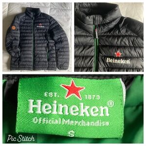 Heineken Beer Full Zip Puffer Jacket Mens S Black Green Logo Streetwear EUC